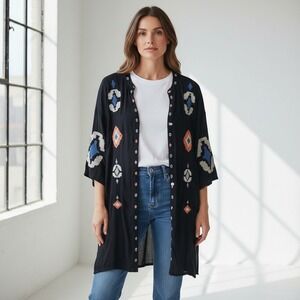Chicos Kimono Women S/M Navy Blue Embroidered Aztec Cardigan Boho Festival